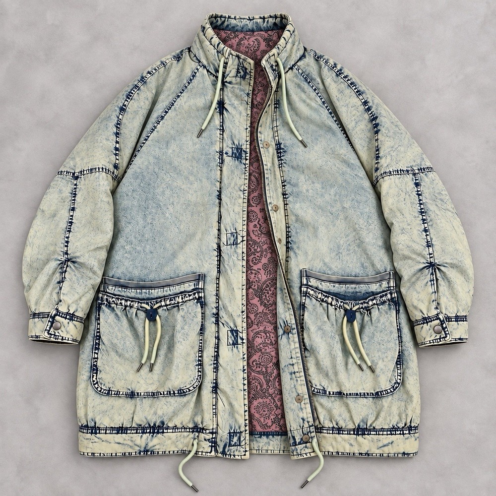 We The Free People M Acid Wash Denim Real Games Hooded Parka Jacket M Oversize